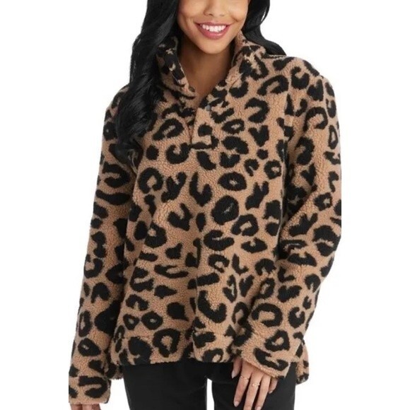 Mud Pie Brady Sherpa Pullover Leopard Print - Picture 1 of 9